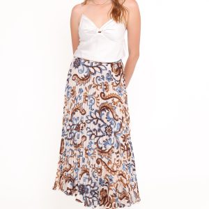 Aoife Pleated Midi Skirt - Ivory Brown Blue