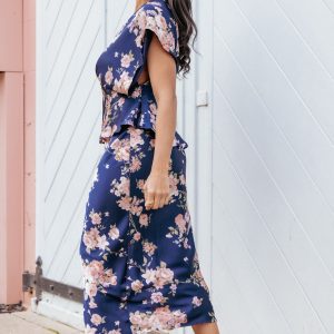 Kenna Satin Midi Skirt - Navy Floral