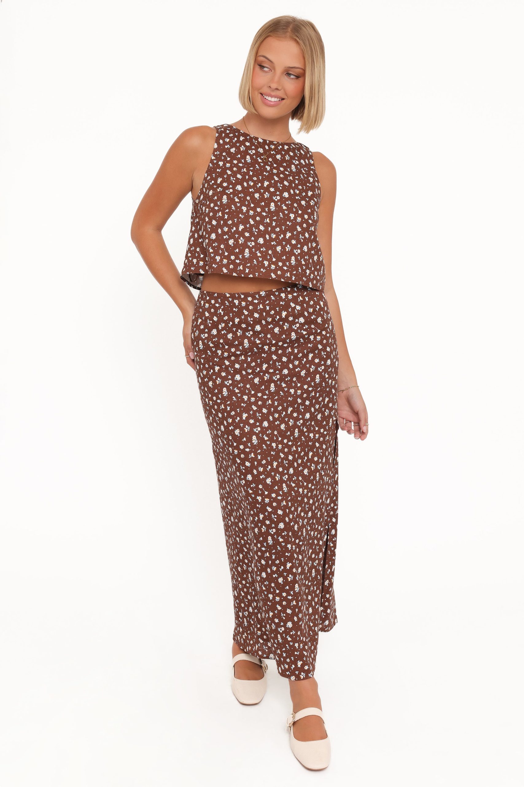 Madison Linen Column Skirt - Brown Floral - Image 2