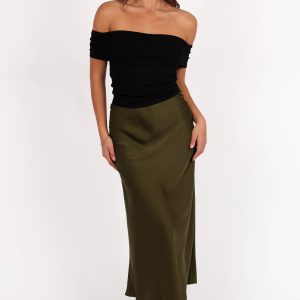 Nellie Satin Midi Skirt - Olive