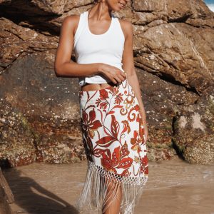 Shelby Midi Fringe Skirt - Brown Floral