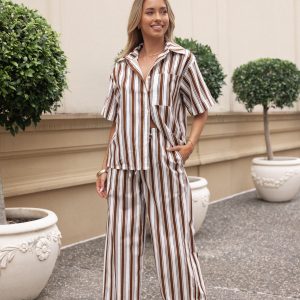 Thalia Wide Leg Pant - Chocolate Stripe