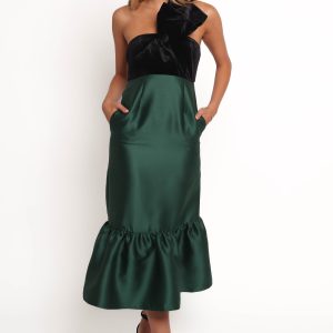 Amelie Bow Front One Shoulder Midi Dress - Black/Emerald