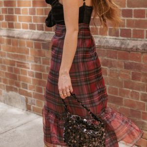 Amelie Bow Front One Shoulder Midi Dress - Red Plaid