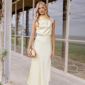 Anabelle Halter Neck Lace Maxi Dress - Butter Yellow