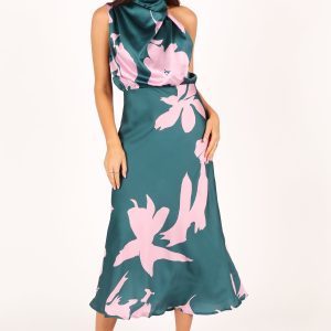 Anabelle Halter Neck Midi Dress - Green Pink