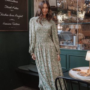 Ashara Long Sleeve Midi Dress - Green Floral