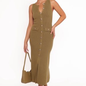 Aspen Button Up Knit Dress - Olive