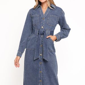Ballina Long Sleeve Midi Dress - Blue Denim