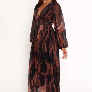 Blayze Long Sleeve Maxi Dress - Brown Print
