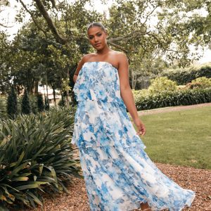 Bloom Strapless Maxi Dress - Blue White Floral