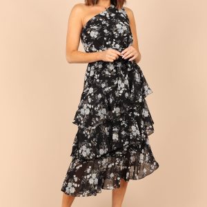 Brigette One Shoulder Tiered Midi Dress - Black Floral