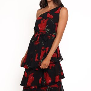 Brigette One Shoulder Tiered Midi Dress - Red Floral