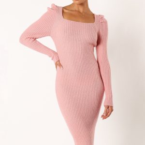 Camryn Puff Sleeve Knit Sweater Midi Dress - Blush