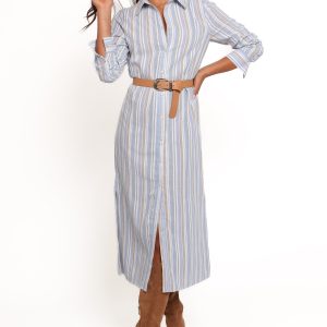 Caprice Long Sleeve Button Down Maxi Dress - Blue Stripe