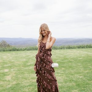 Ciao Ruffles Maxi Satin Dress - Brown Polka Dot