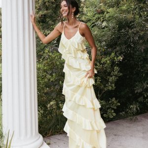 Ciao Ruffles Maxi Satin Dress - Pale Yellow