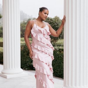 Ciao Ruffles Maxi Satin Dress - Pink