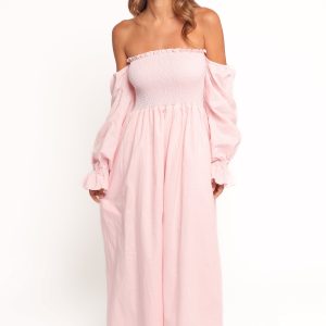 Domenica Shirred Long Sleeve Midi Dress - Pink