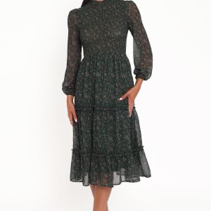 Edwina Shirred Frill Long Sleeve Midi Dress - Olive Floral
