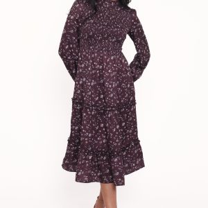 Edwina Shirred Frill Long Sleeve Midi Dress - Plum Floral