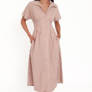 Eilis Short Sleeve Button Down Maxi Dress - Brown Stripe