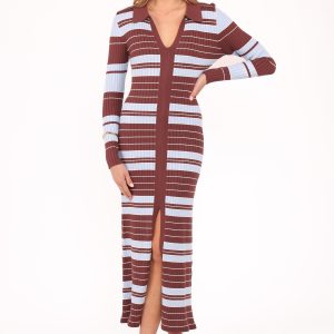 Eliana Long Sleeve Midi Dress - Brown Blue Stripe