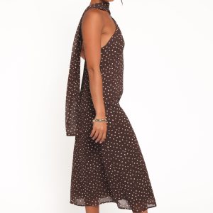 Elva Halterneck Midi Dress - Brown Polka Dot