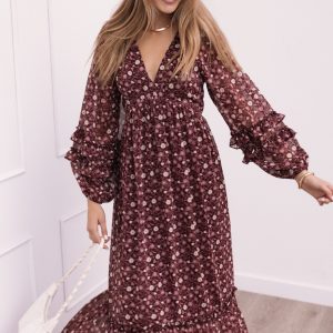 Evian Long Sleeve Maxi Dress - Burgundy Multi