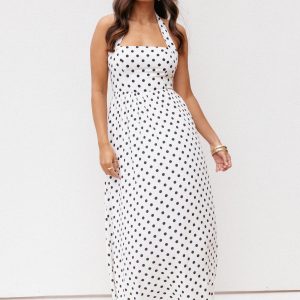 Gemini Halterneck Maxi Dress - White Polka Dot