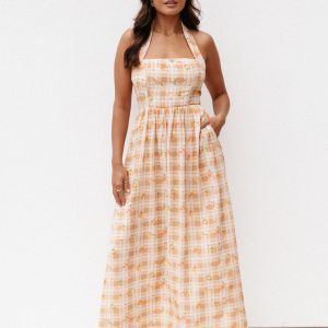 Gemini Halterneck Maxi Dress - Yellow Floral Gingham