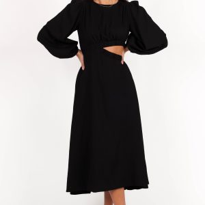 Ginnee Puff Sleeve Cutout Midi Dress - Black