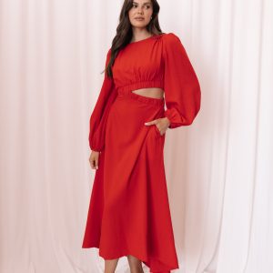 Ginnee Puff Sleeve Cutout Midi Dress - Red