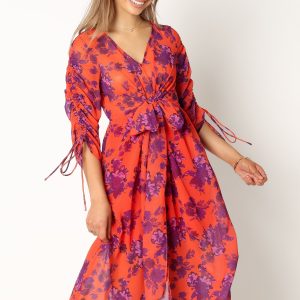 Hallie Midi Floral Dress - Red Wine