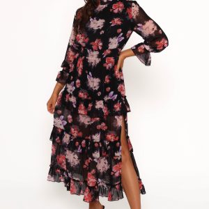 Isadora Long Sleeve Maxi Dress - Black Blurred Floral