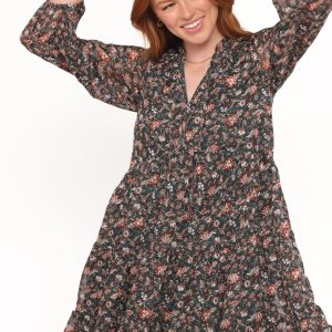 Jinny Long Sleeve Mini Dress - Dark Green/Multi
