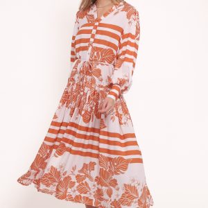 Jules Long Sleeve Dress - White/Orange