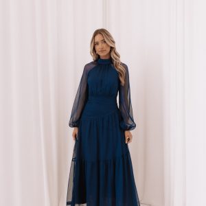 Julip Sheer Long Sleeve Maxi Dress - Navy