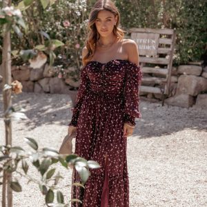 Keziah Long Sleeve Maxi Dress - Burgundy Floral