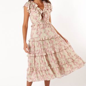 Levelle Midi Ruffle Dress - Ivory/Red Green Floral