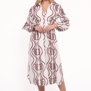 Lira Long Sleeve Midi Dress - Brown Print