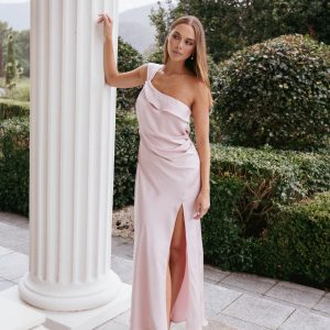 Lolana Draped One Shoulder Dress - Pale Pink