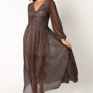 Lustre Long Sleeve Midi Dress - Bronze
