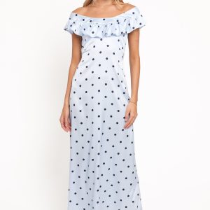 Manaris Off Shoulder Maxi Dress - Blue Polka Dot