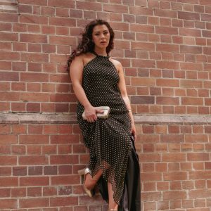 Melody Plisse Halter Maxi Dress - Black/Gold Polka Dot