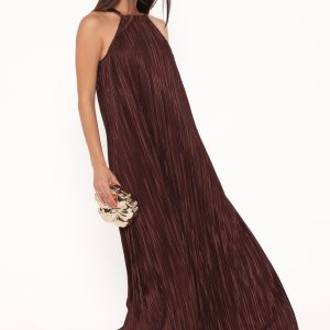 Melody Plisse Halter Maxi Dress - Brown