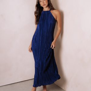 Melody Plisse Halter Maxi Dress - Navy