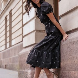 Naura Shirred Tiered Midi Dress - Black Bow