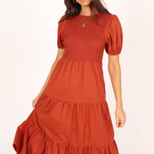 Naura Shirred Tiered Midi Dress - Rust