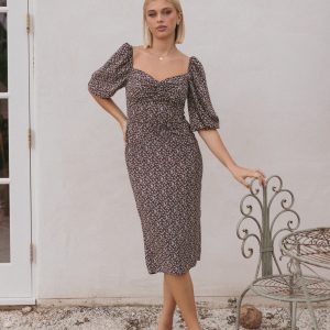 Oona Midi Dress - Brown Blue Floral